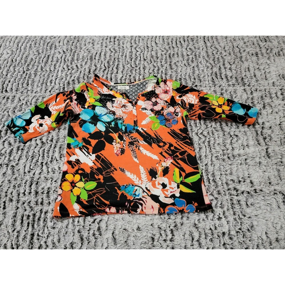 Onque Petite‎ Women's Orange Floral Print 3/4 Sleeve Tunic Top PM